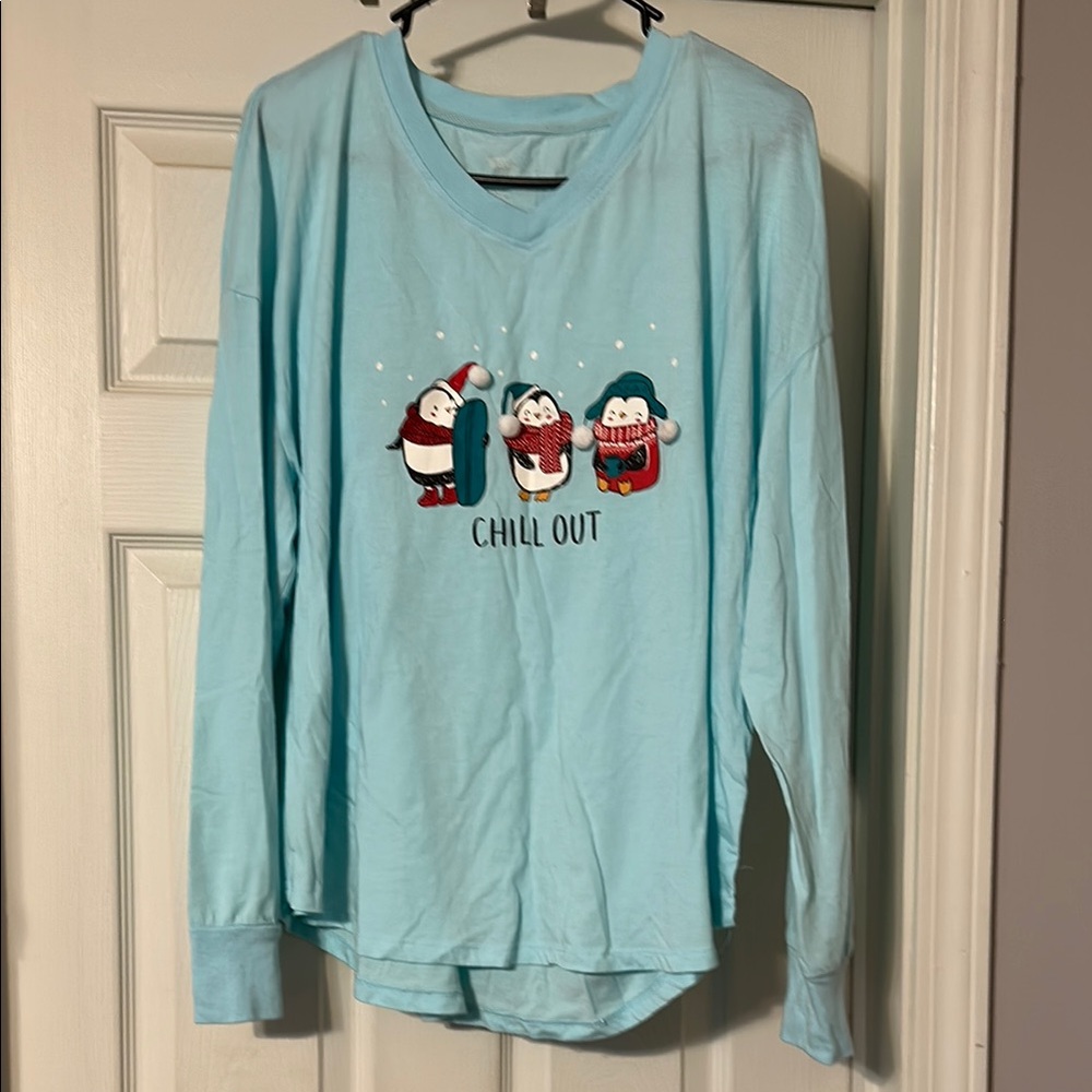 Light Blue Long Sleeve Pajama Shirt with Penguin Design